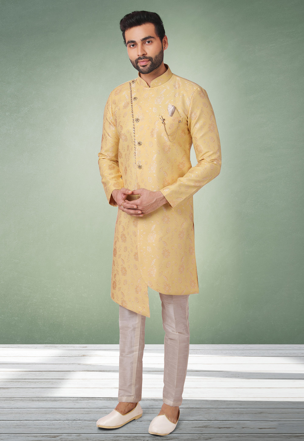 Yellow Jacquard Indo Western Suit 238088