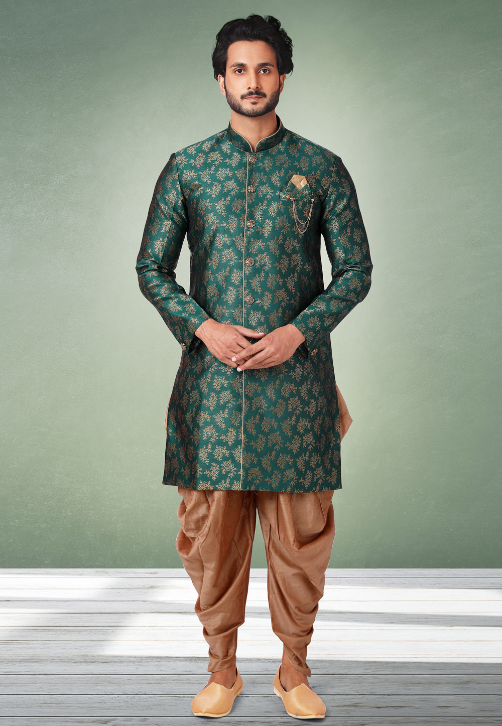 Green Jacquard Indo Western Suit 238090