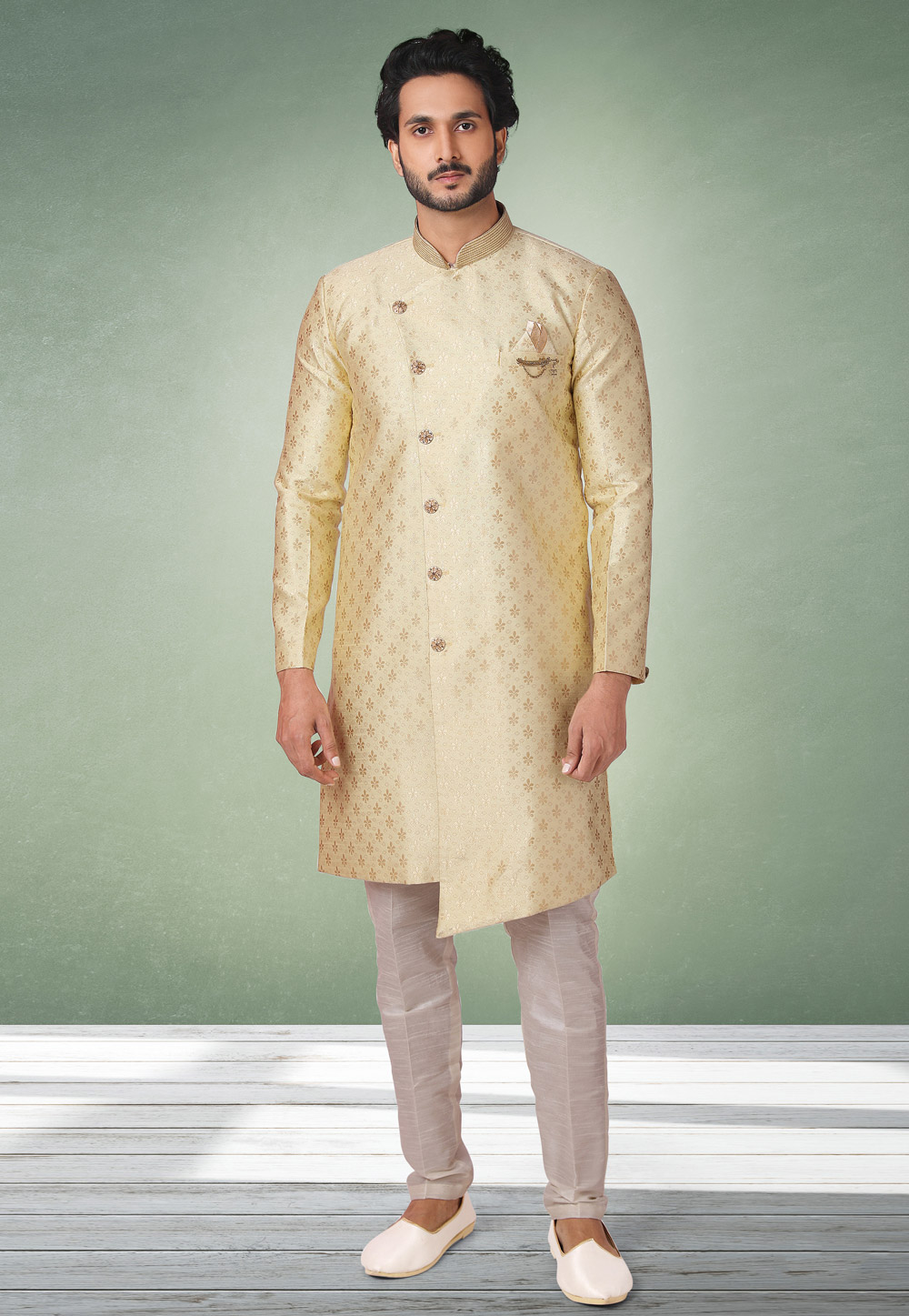 Yellow Jacquard Indo Western Suit 238097