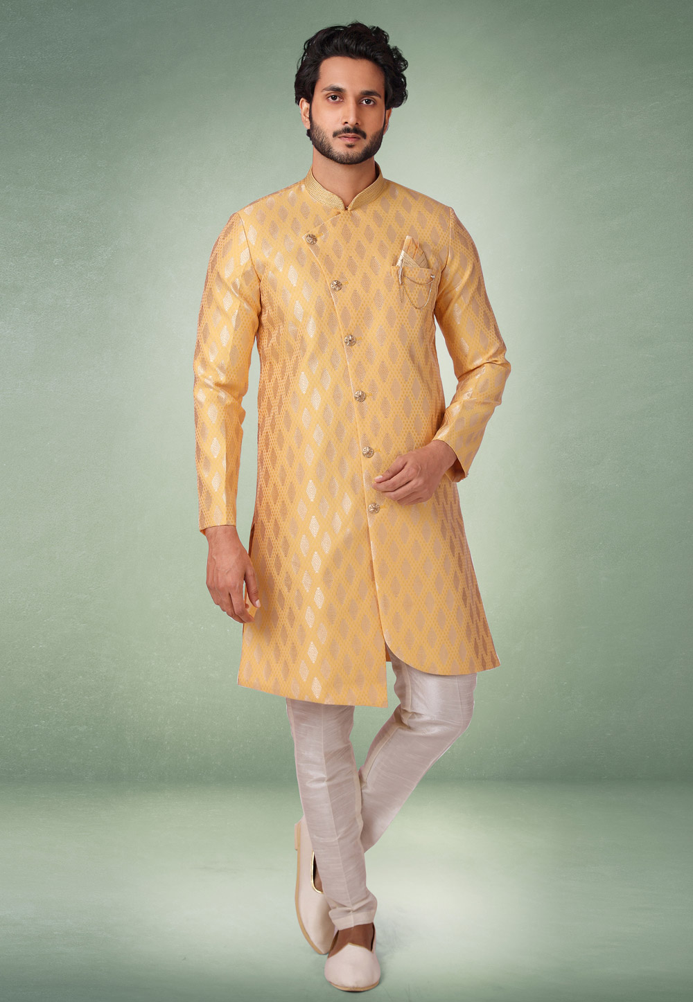 Yellow Jacquard Indo Western Suit 238105