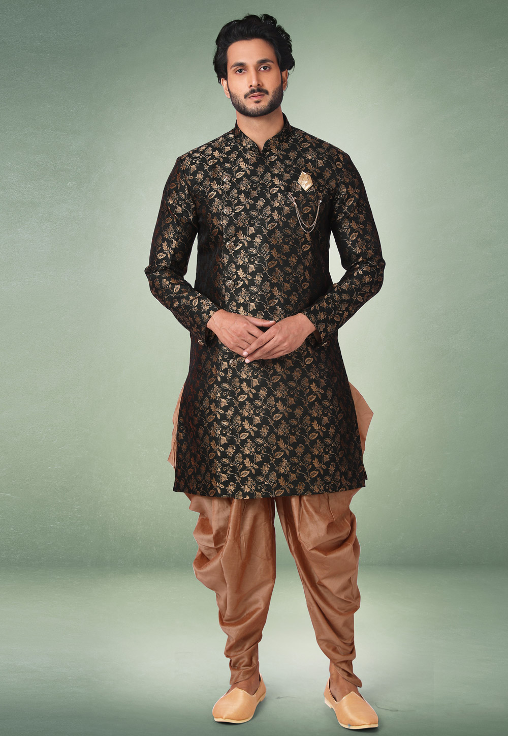 Green Jacquard Indo Western Suit 238107