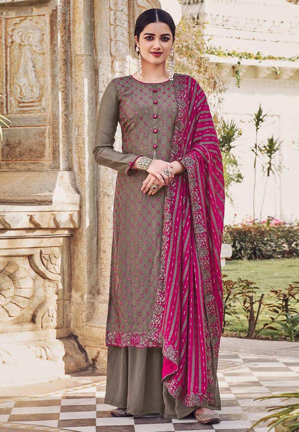 Brown Chinon Palazzo Suit 232615