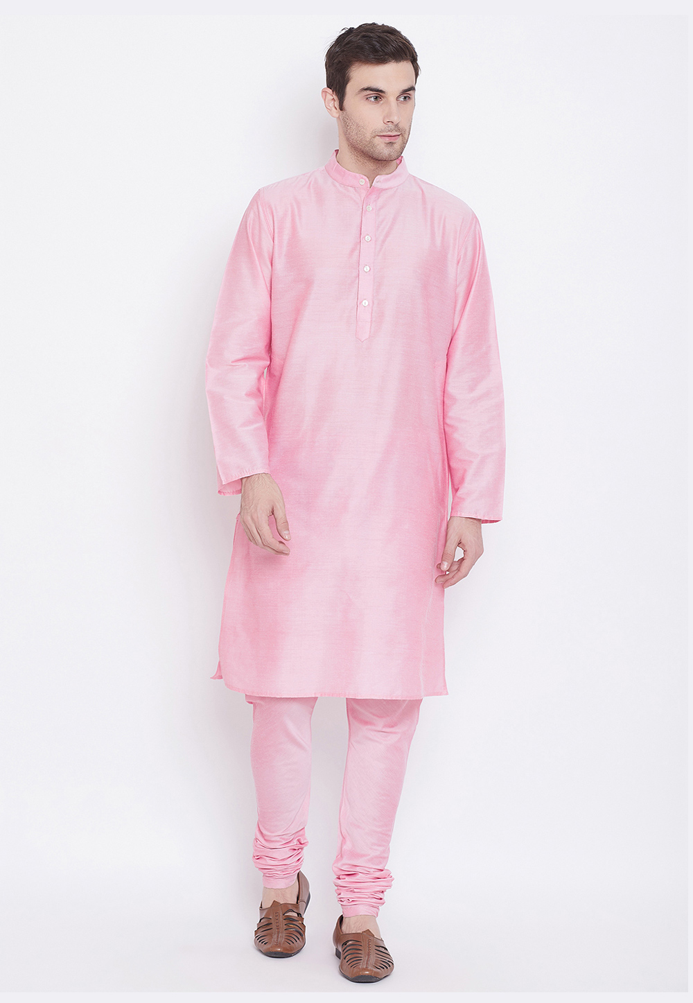 Pink Silk Readymade Kurta Pajama 209877