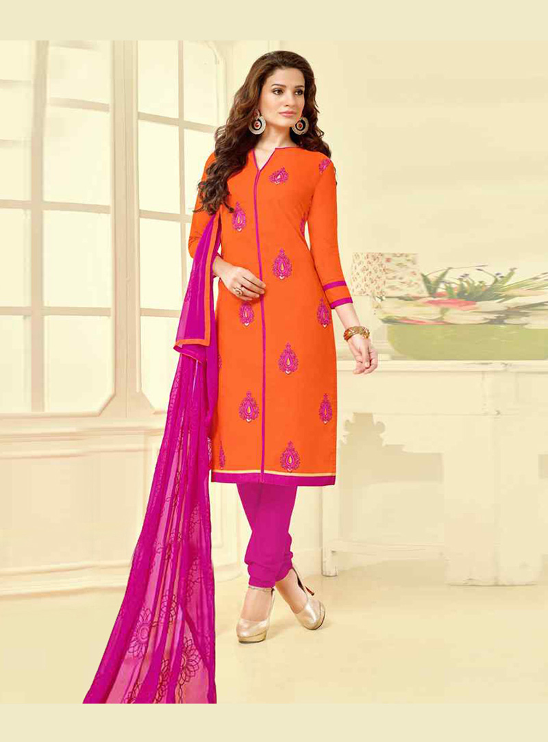 Orange Cambric Cotton Churidar Salwar Kameez 77842