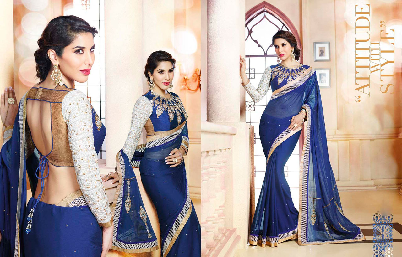 Sophie Choudry Royal Blue Chiffon Lace Work Party Wear Saree 40204