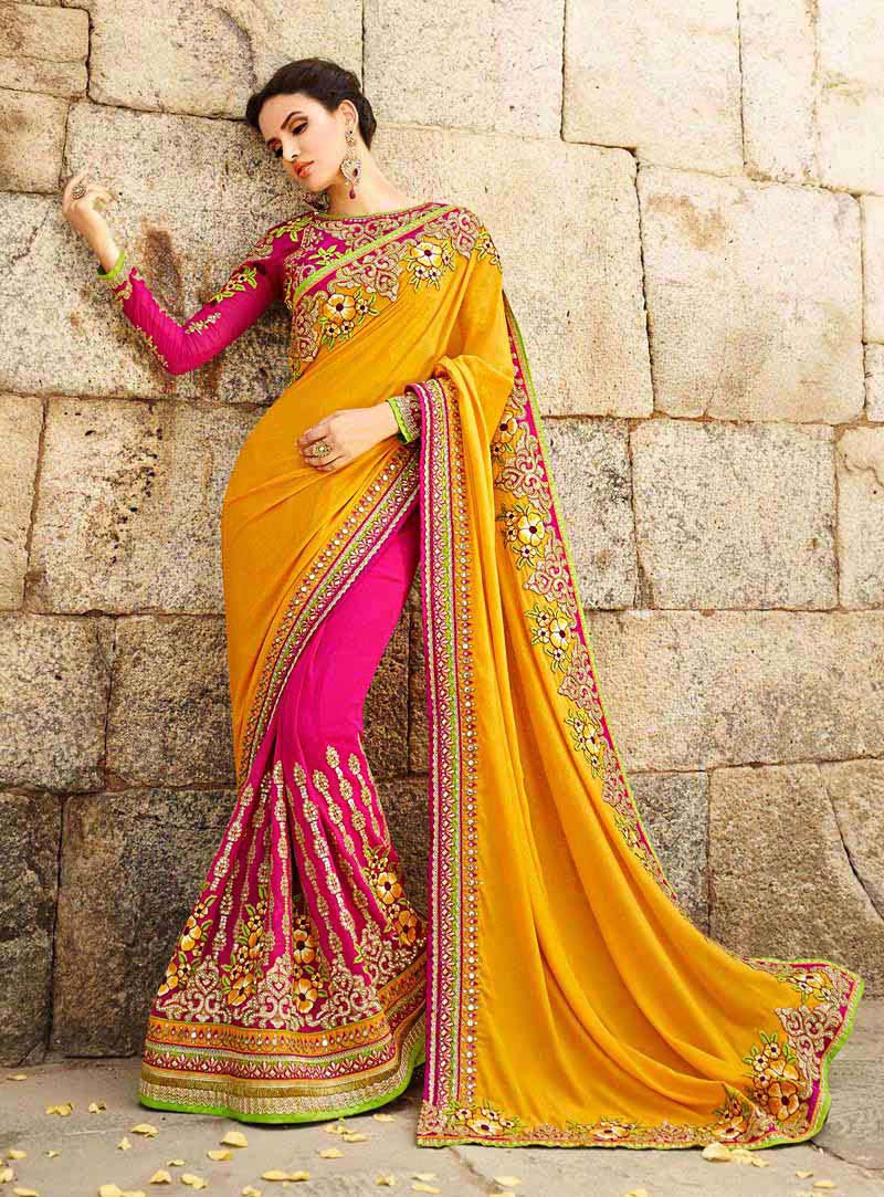 Yellow Georgette Half and Half Saree With Blouse 63542