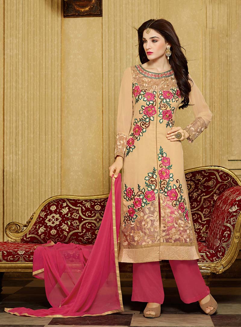 Beige Faux Georgette Pakistani Style Suit 65886
