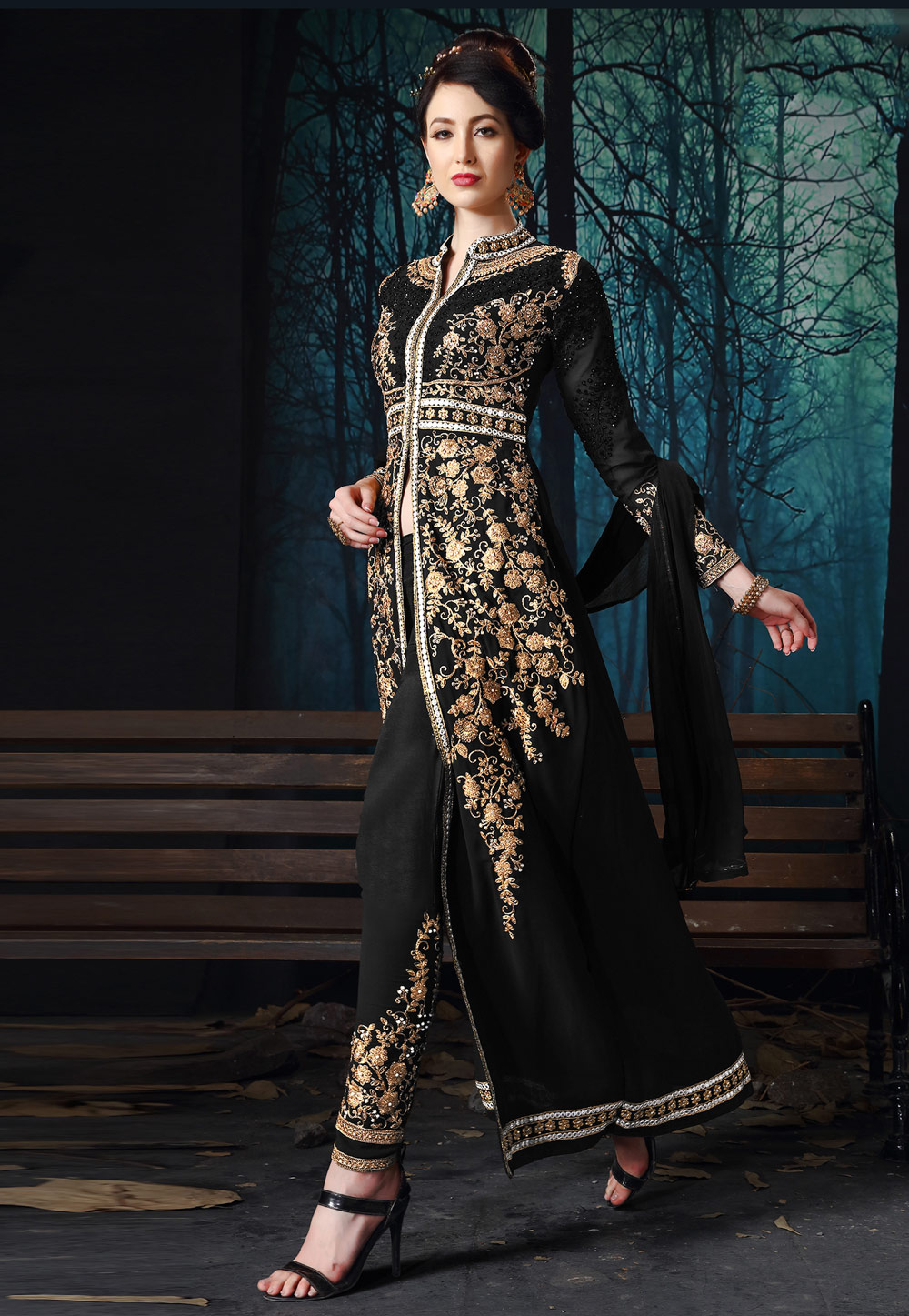 Black Georgette Embroidered Pant Style Suit 195369