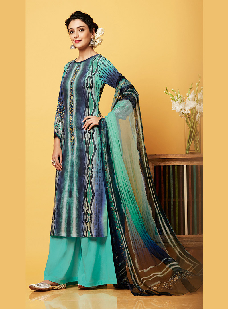 Turquoise Cotton Satin Pakistani Style Suit 82988