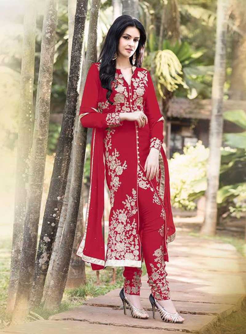 Red Georgette Pant Style Suit 87840