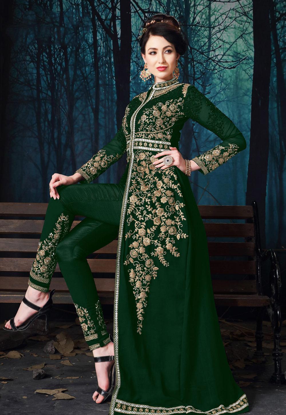 Green Georgette Embroidered Pant Style Suit 195371