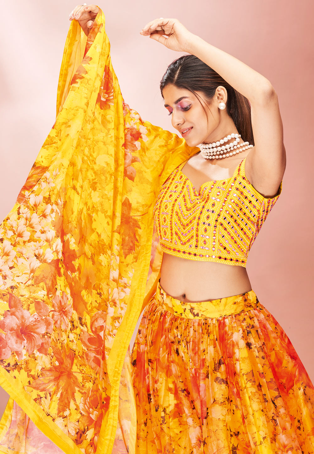 Buy Yellow Lehenga And Blouse Georgette Dupatta Floral Print Bridal Set For  Women by Paulmi and Harsh Online at Aza Fashions.