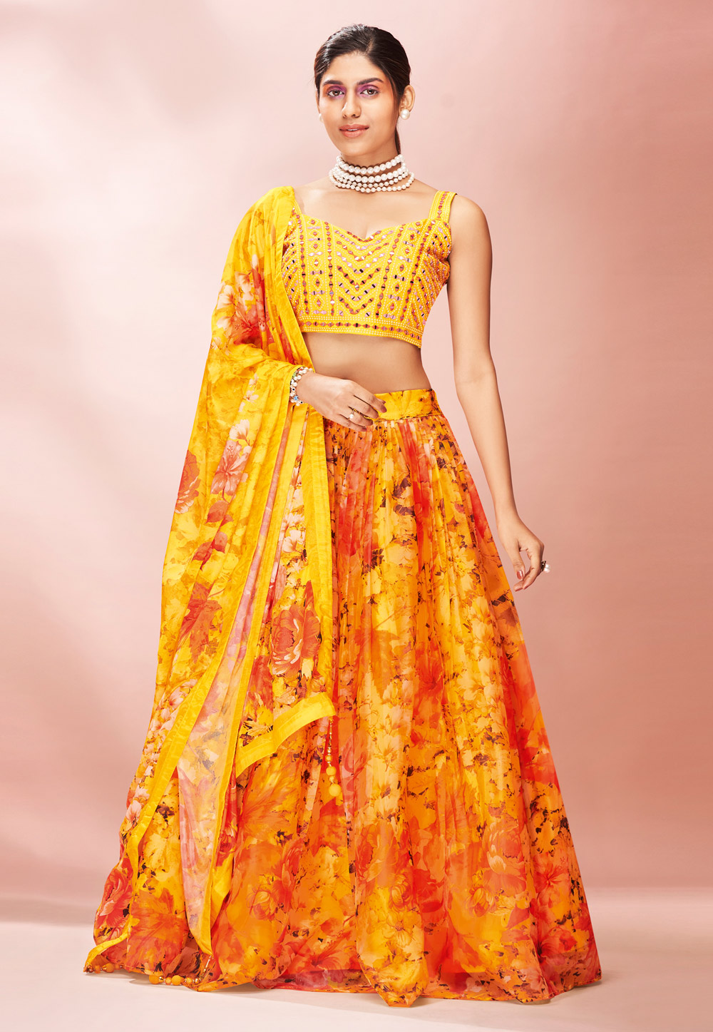 Yellow peach embroidered net lehenga choli set – Kasturi Creations