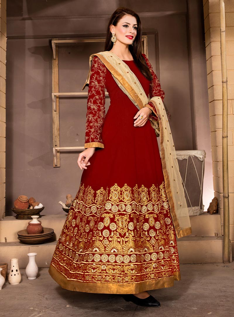 Red Banglori Silk Ankle Length Anarkali Suit 75419