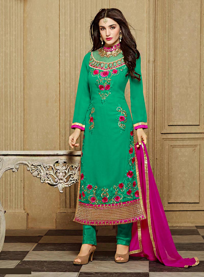 Sea Green Faux Georgette Pakistani Style Suit 70134