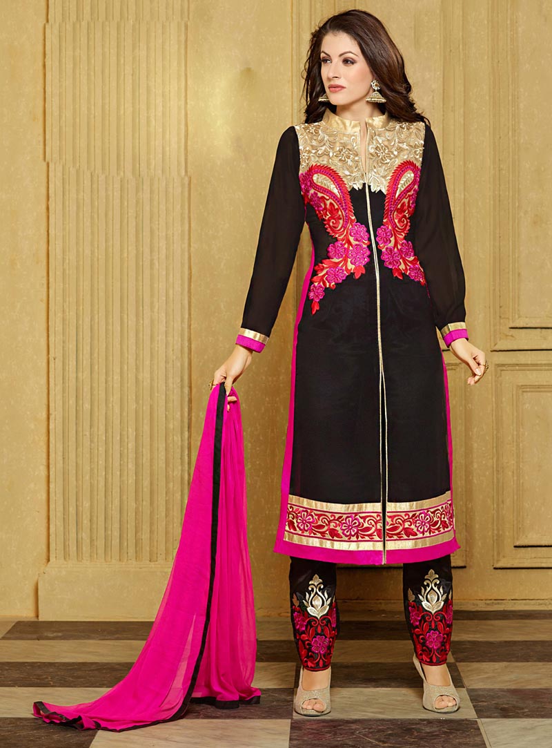 Black Faux Georgette Pakistani Style Suit 65895
