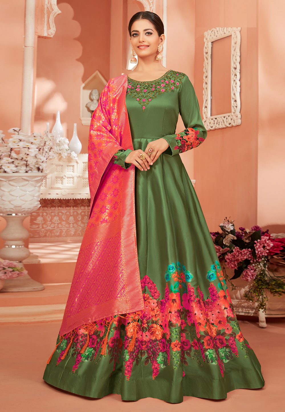 Green Satin Silk Floor Length Anarkali Suit 214793