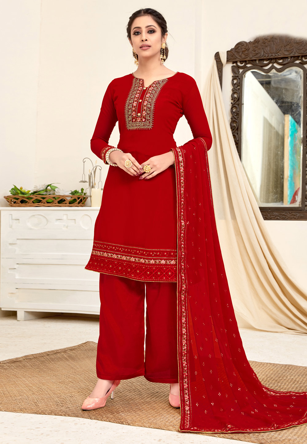 Red Georgette Palazzo Suit 212201