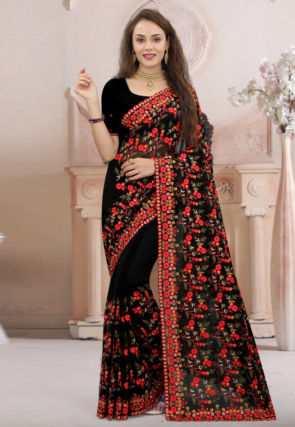 seymore Print Royal Black and Red Georgette Satin Patta Saree -  (SHILA-3628) in Allahabad at best price by Sukhbasi Lal Mishri Lal Vinimay  Pvt Ltd - Justdial