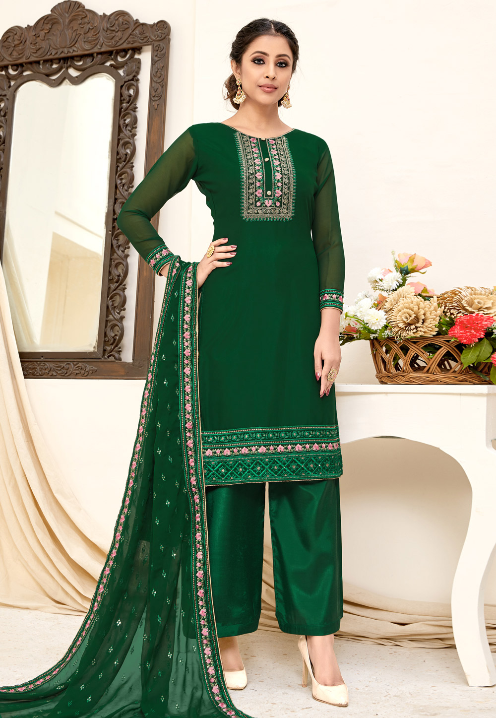 Green Georgette Palazzo Suit 256058