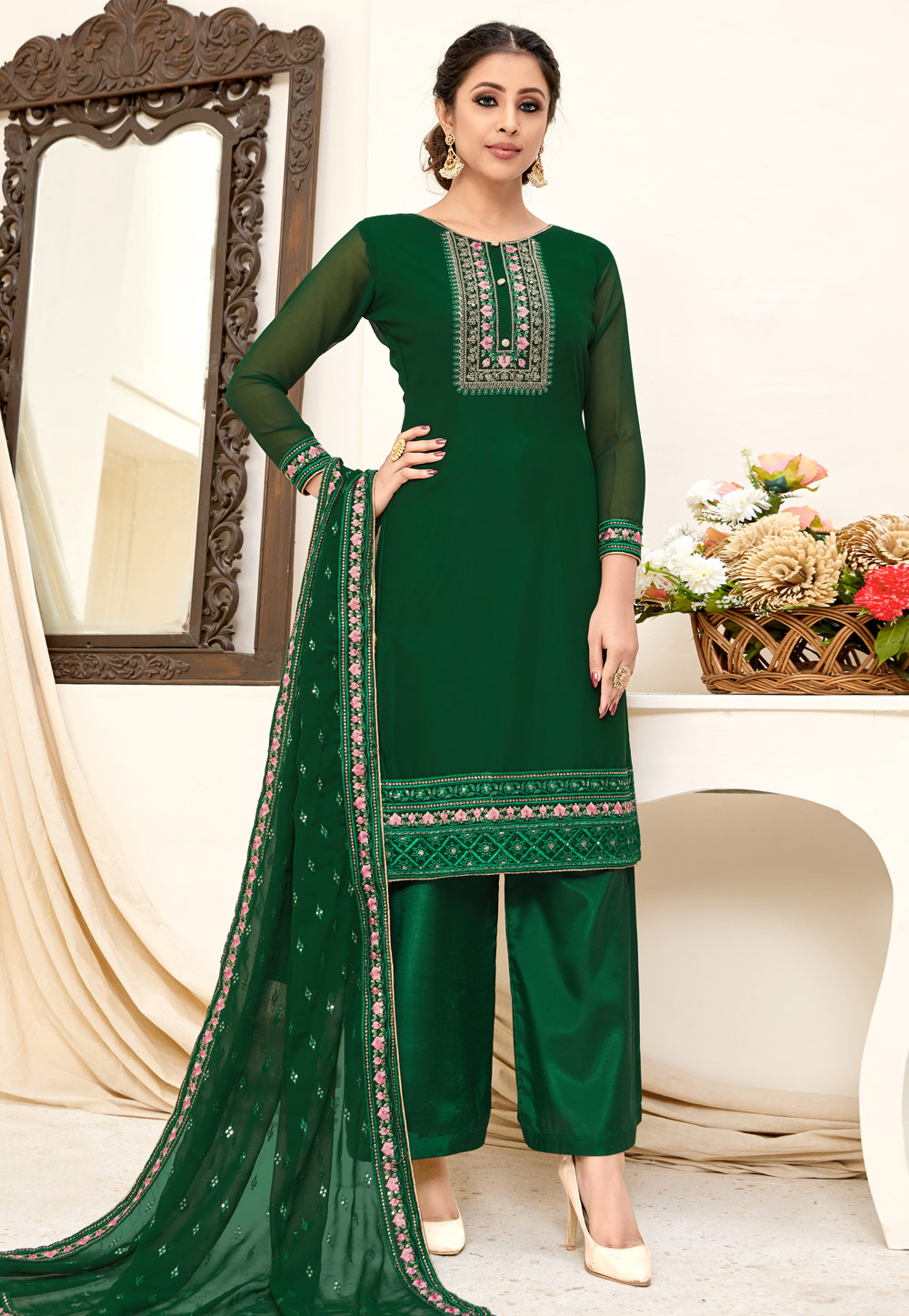 Green Georgette Palazzo Suit 212203
