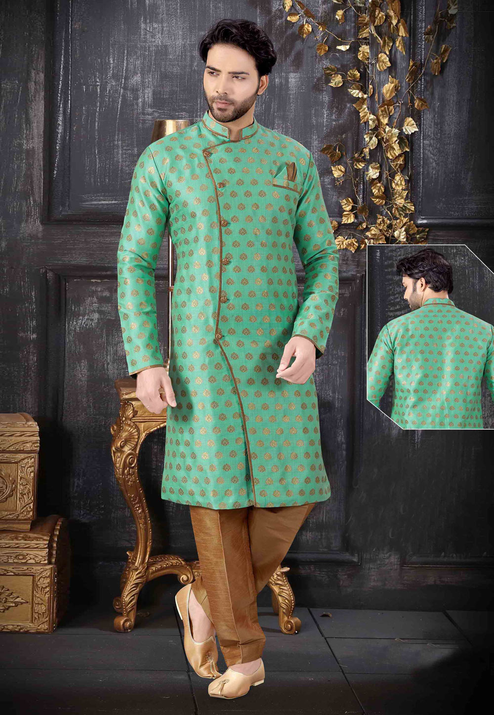 Light Green Jacquard Readymade Indo Western Suit 199044