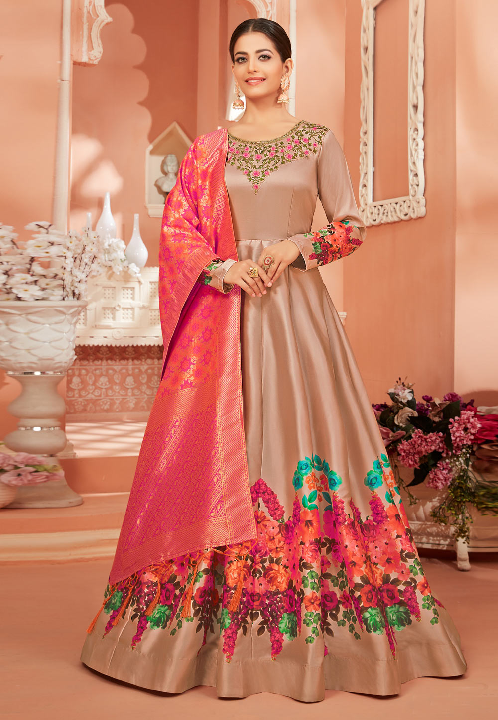 Peach Satin Silk Anarkali Suit 214796