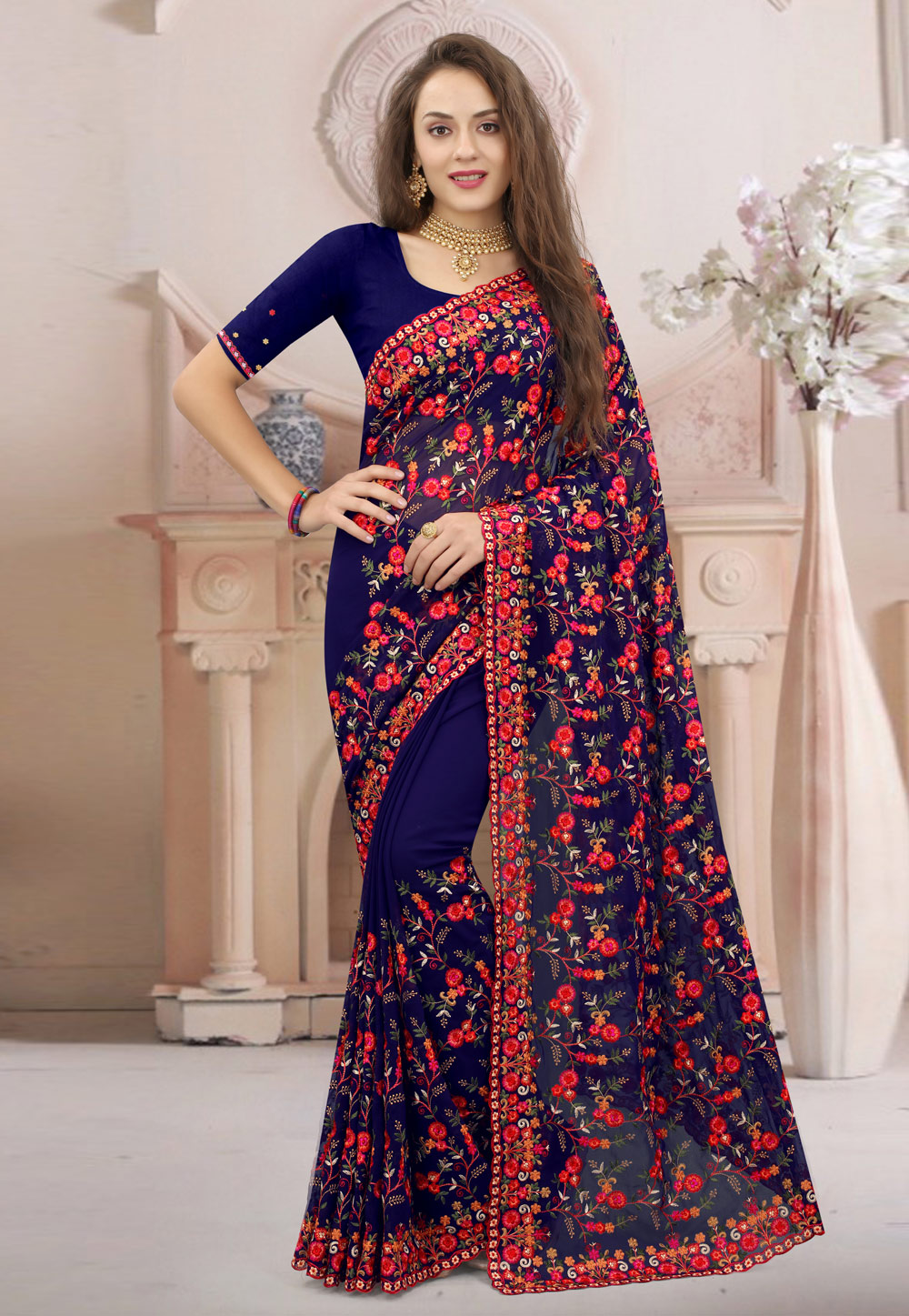 Blue Georgette Embroidered Saree 245952