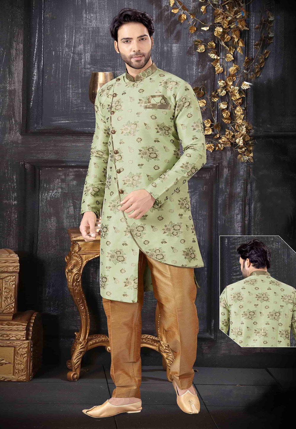 Pista Green Jacquard Readymade Indo Western Suit 199046
