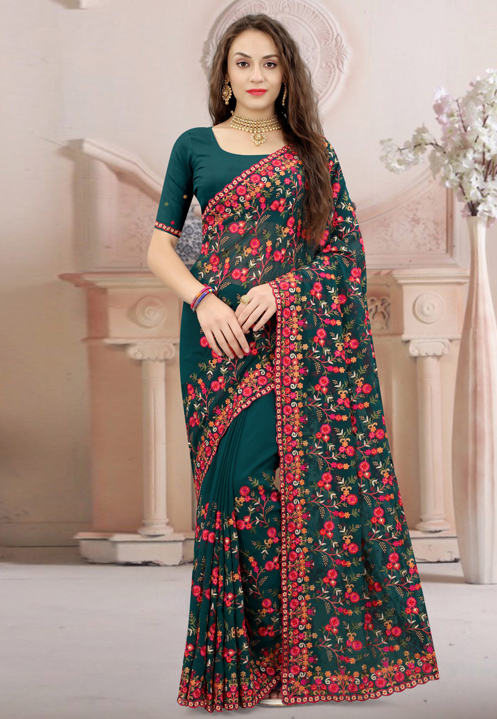 Teal Georgette Embroidered Saree 245954