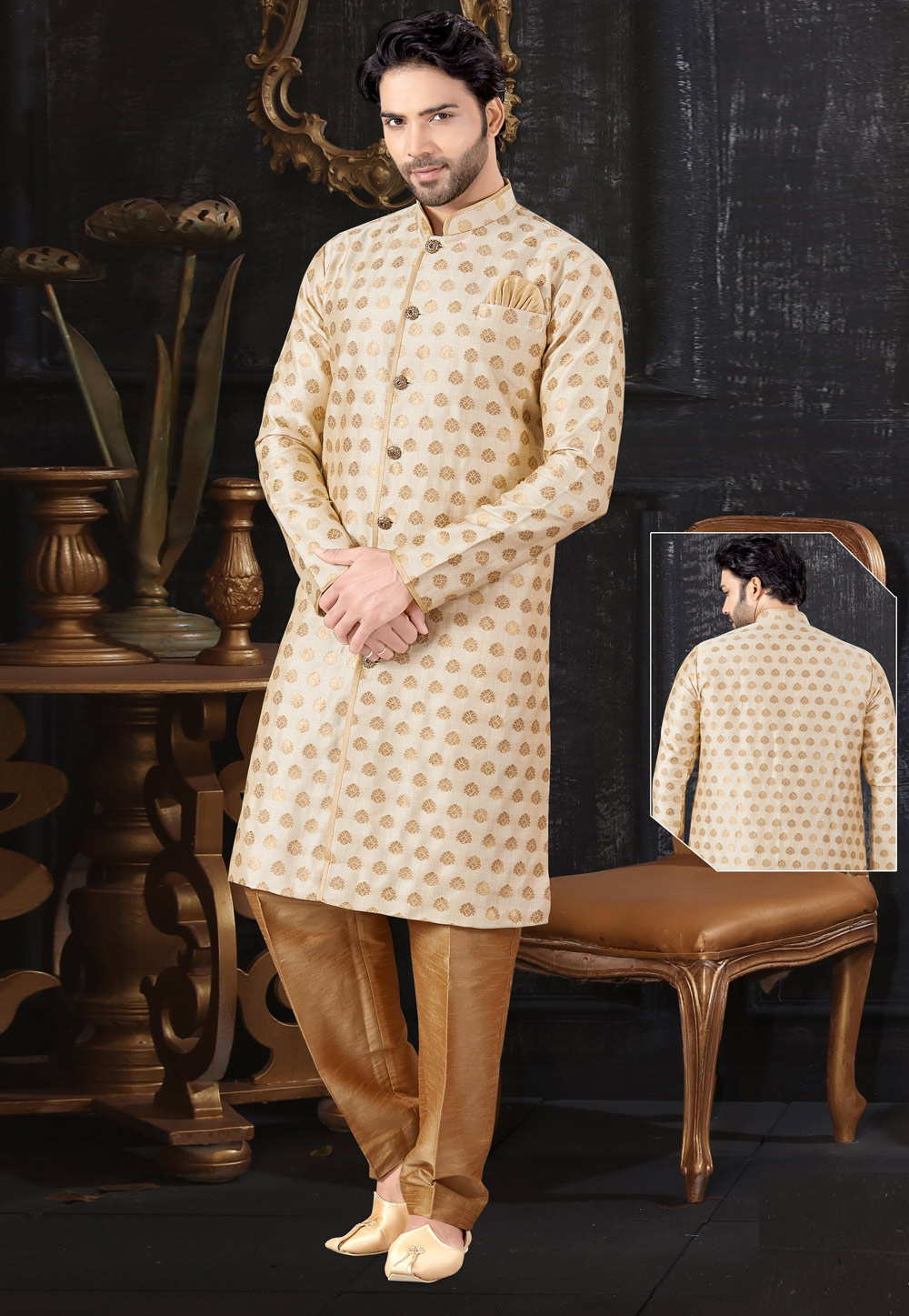 Beige Jacquard Readymade Indo Western Suit 199048
