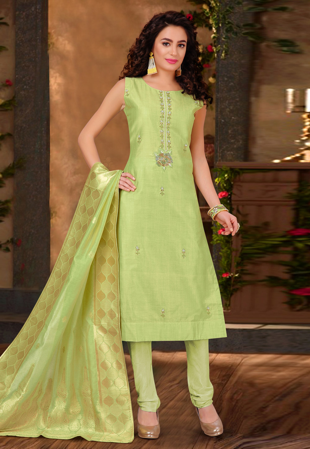 Green Banarasi Churidar Suit 196757