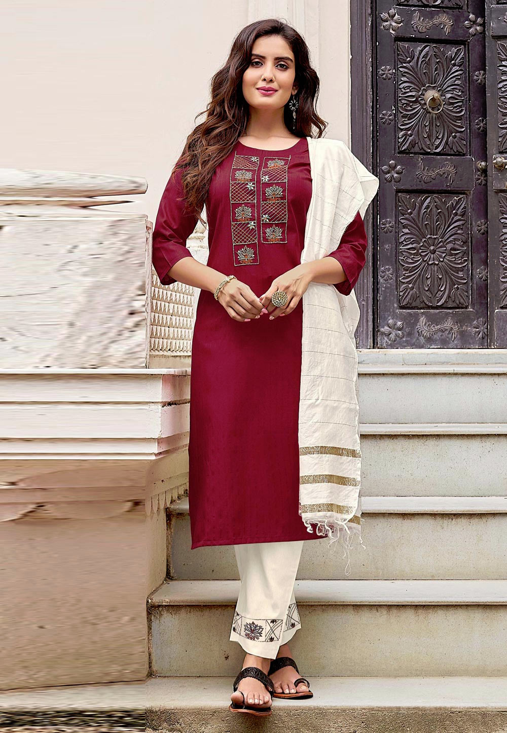 Maroon Cotton Readymade Kameez With Pant 234737