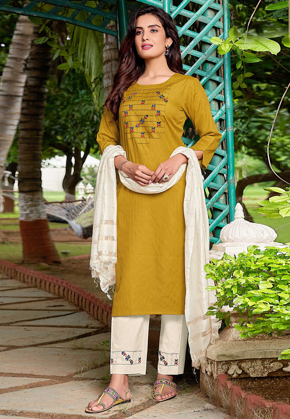 Mustard Cotton Readymade Pant Style Suit 234742