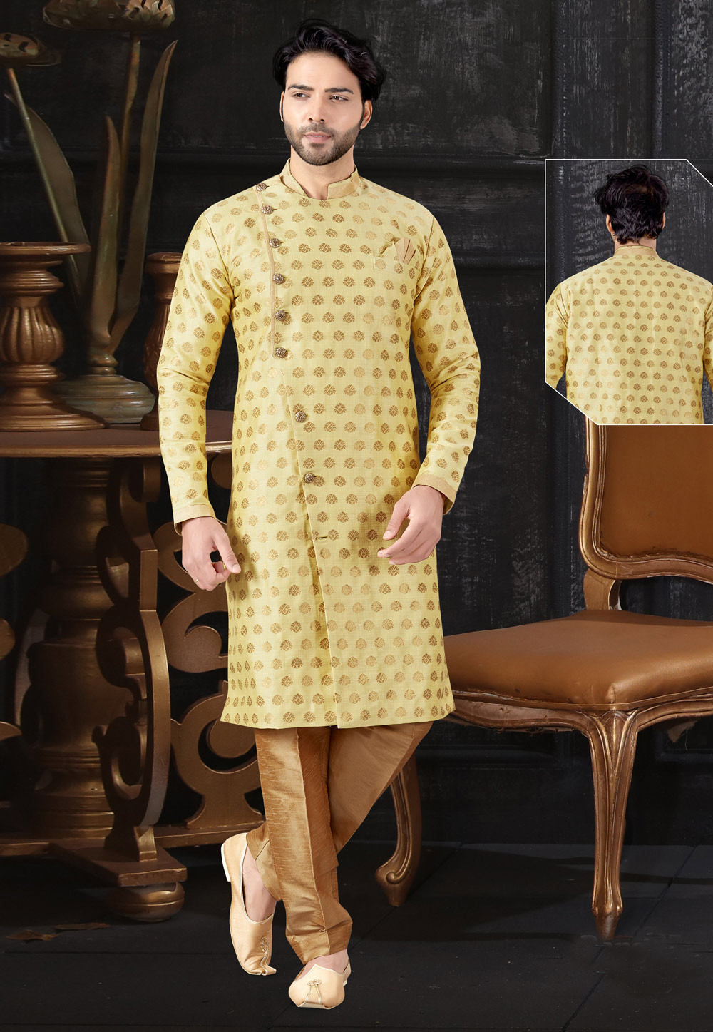 Yellow Jacquard Readymade Indo Western Suit 199050