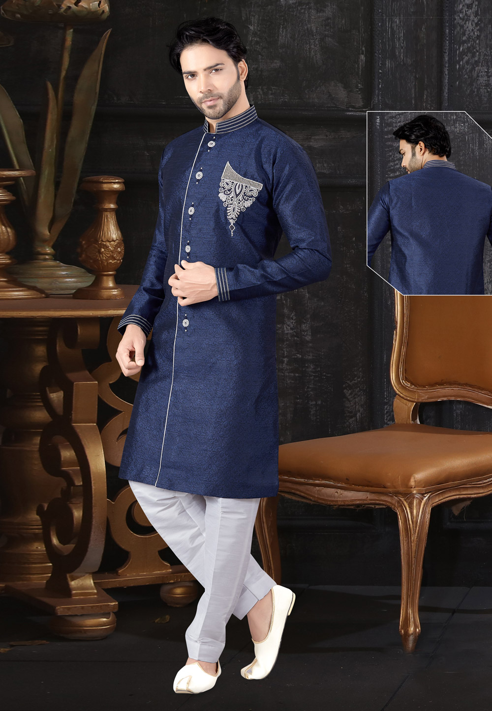 Navy Blue Jacquard Readymade Indo Western Suit 199052