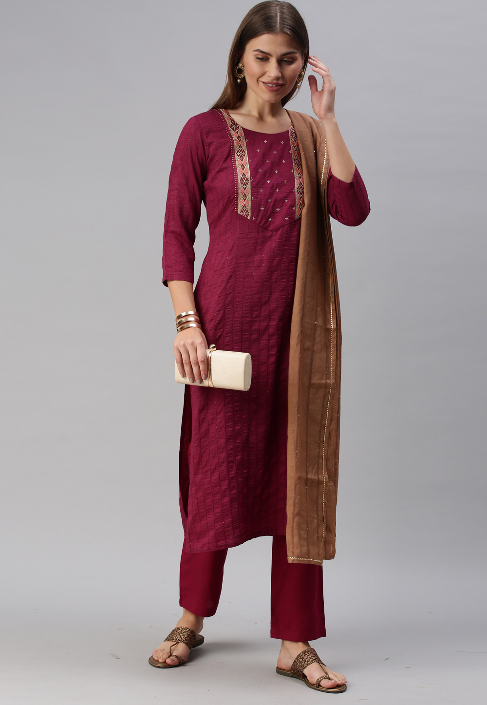 Magenta Chinon Readymade Pant Style Suit 234734