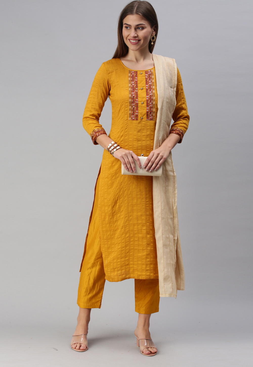 Yellow Chinon Readymade Kameez With Pant 234735