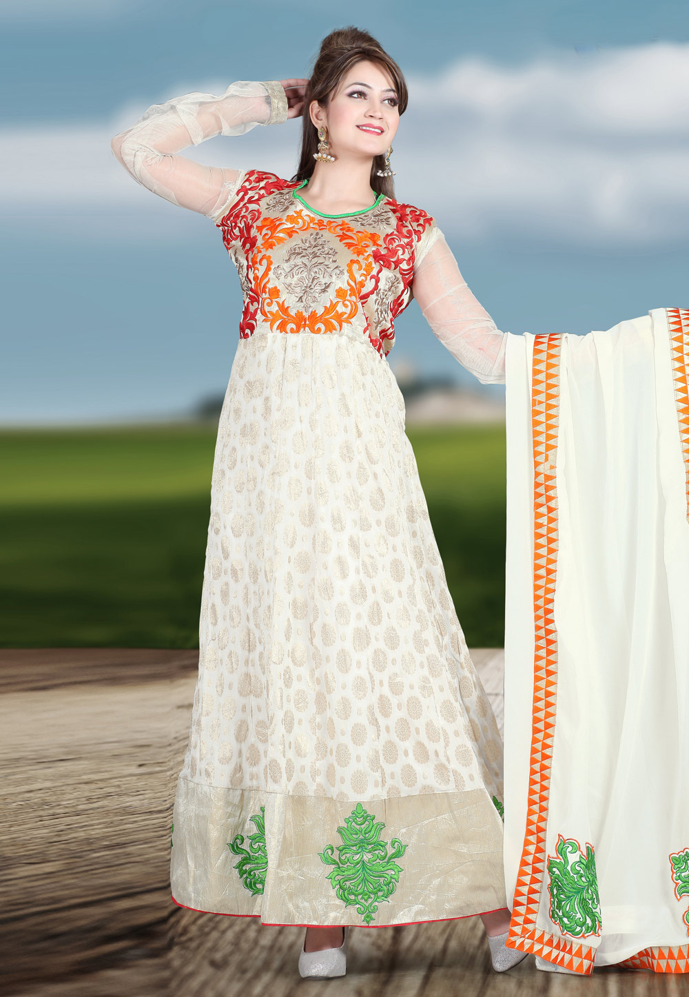 Off White Faux Georgette Embroidered Ankle Length Anarkali Suit 68755