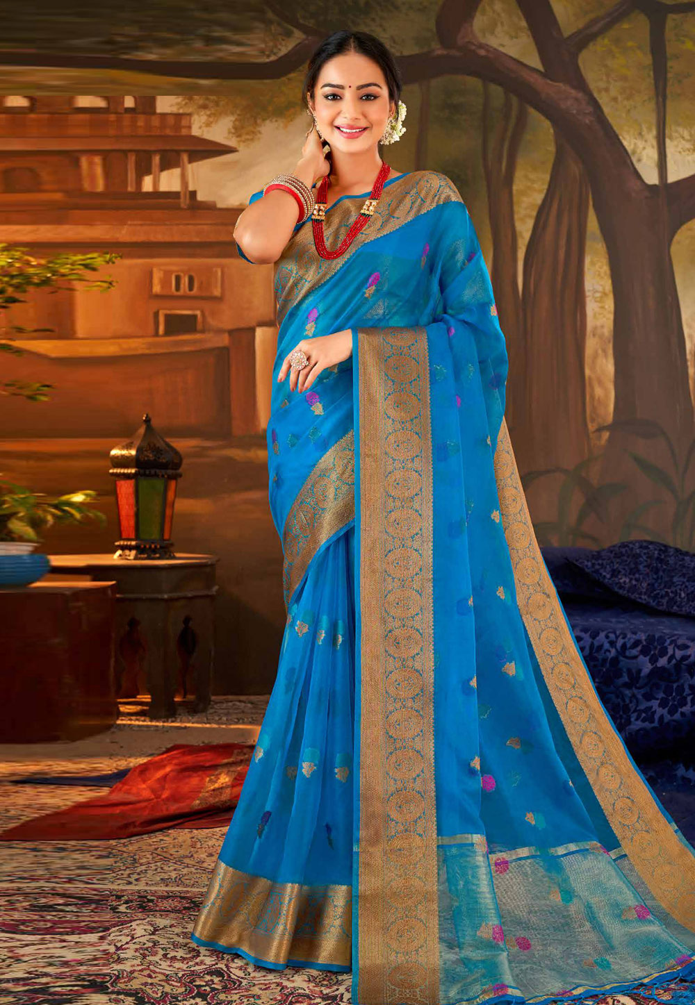 Turquoise Organza Saree With Blouse 263877