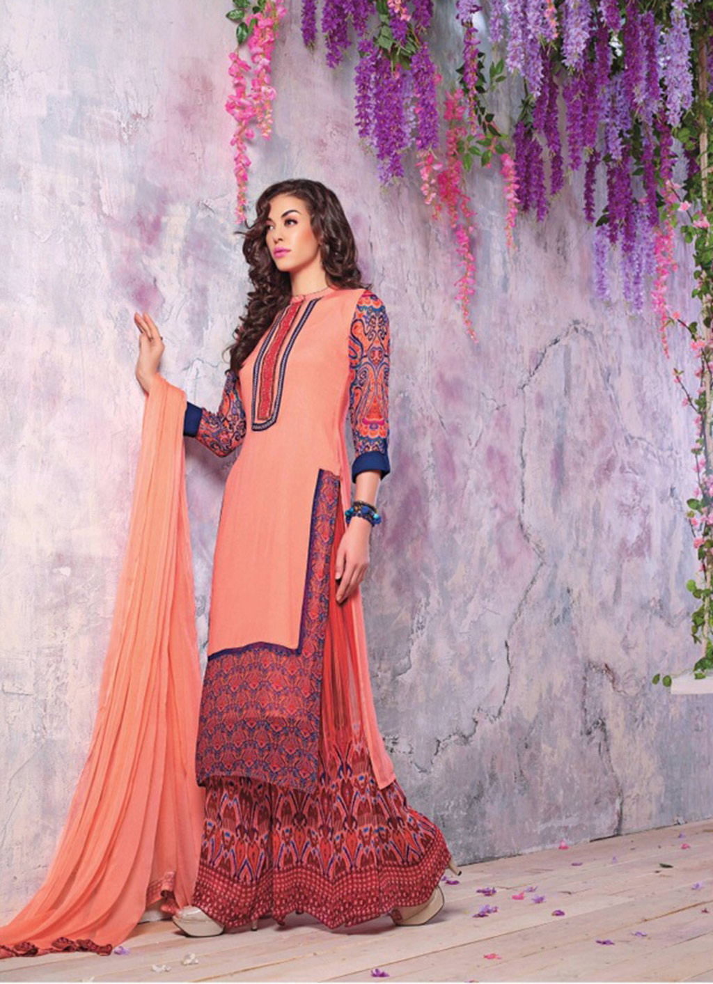 Peach Bemberg Georgette Palazzo Style Suit 57444