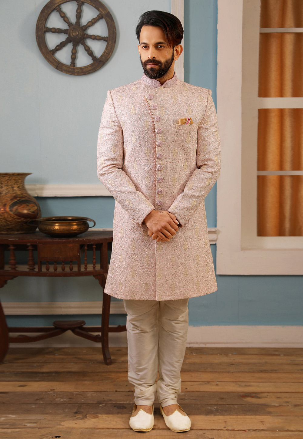 Light Pink Art Silk Readymade Sherwani 187097