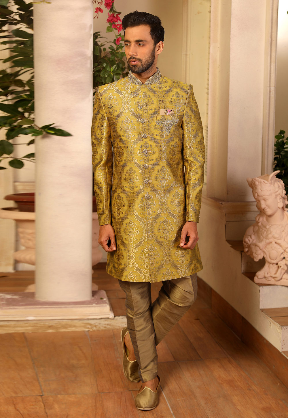 Yellow Jacquard Silk Readymade Indo Western Sherwani 187122