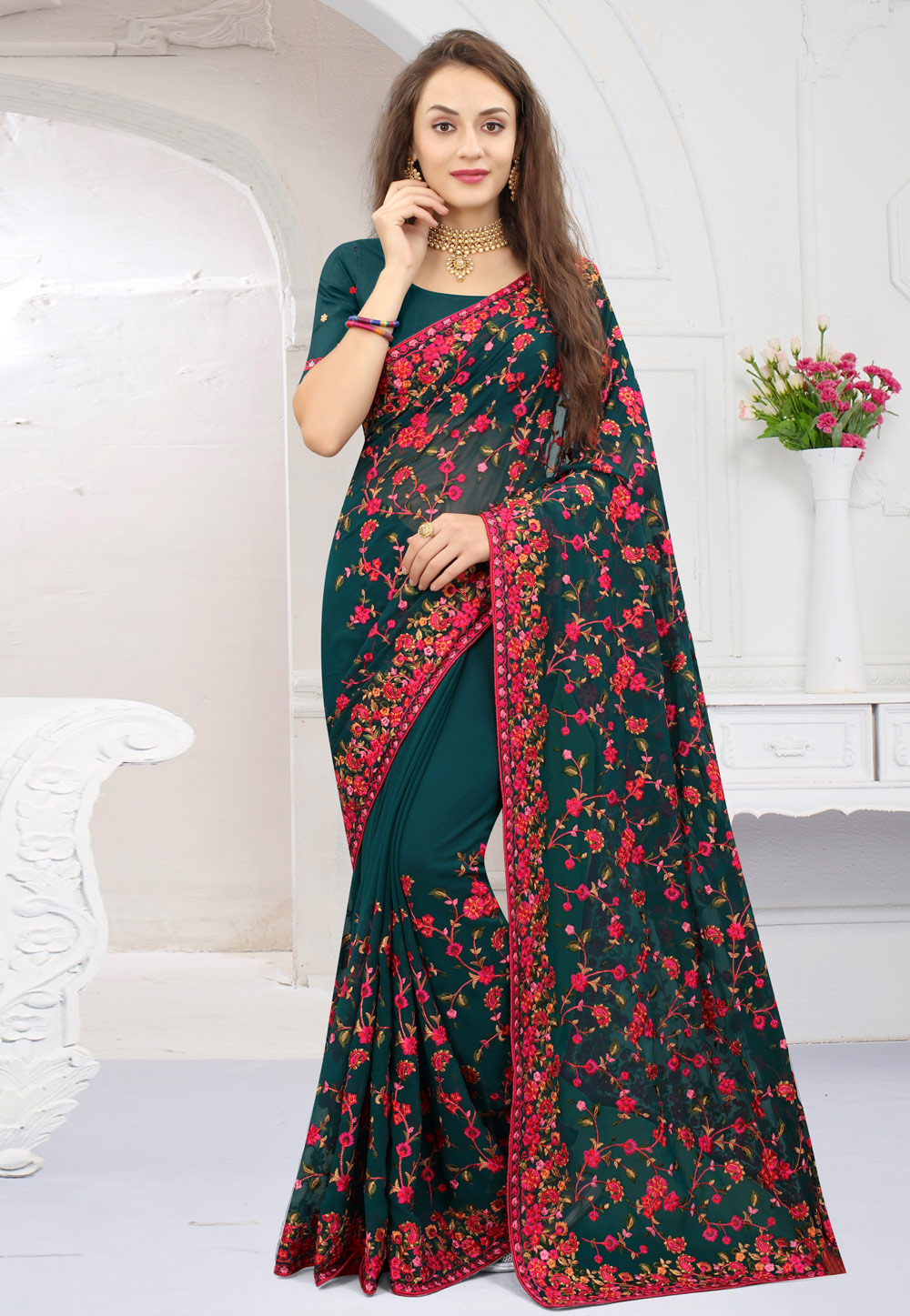 Teal Georgette Embroidered Saree 246170