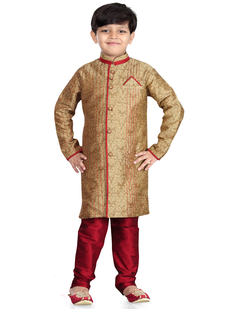 Beige Silk Kids Readymade Indo Western Suit 78216