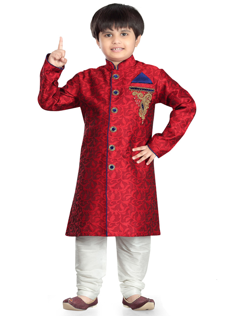 Red Jacquard Kids Readymade Sherwani 78217