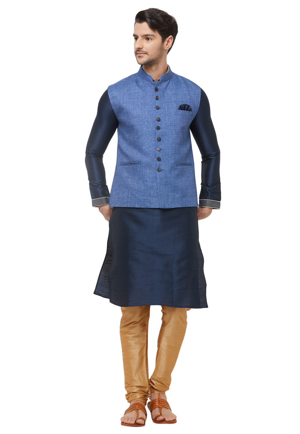 Navy Blue Silk Readymade Kurta Pajama With Jacket 185154