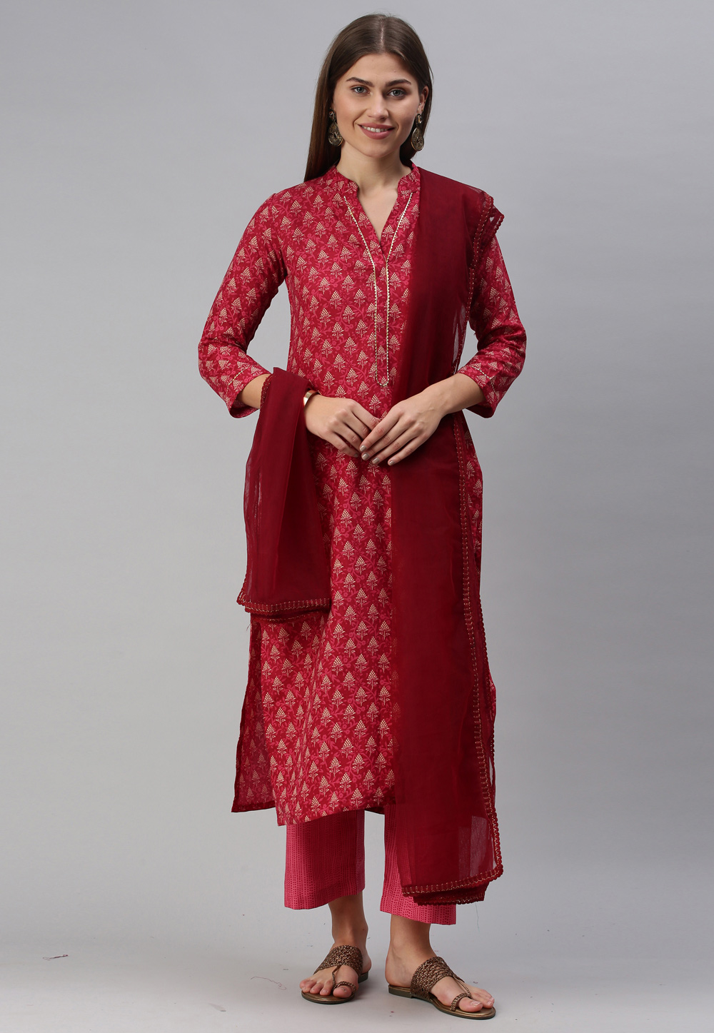 Red Cotton Kameez With Palazzo 235048