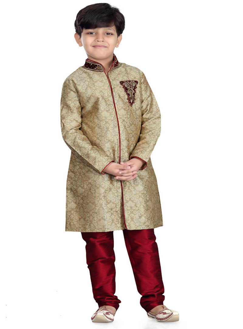 Beige Jacquard Kids Readymade Indo Western Suit 78226