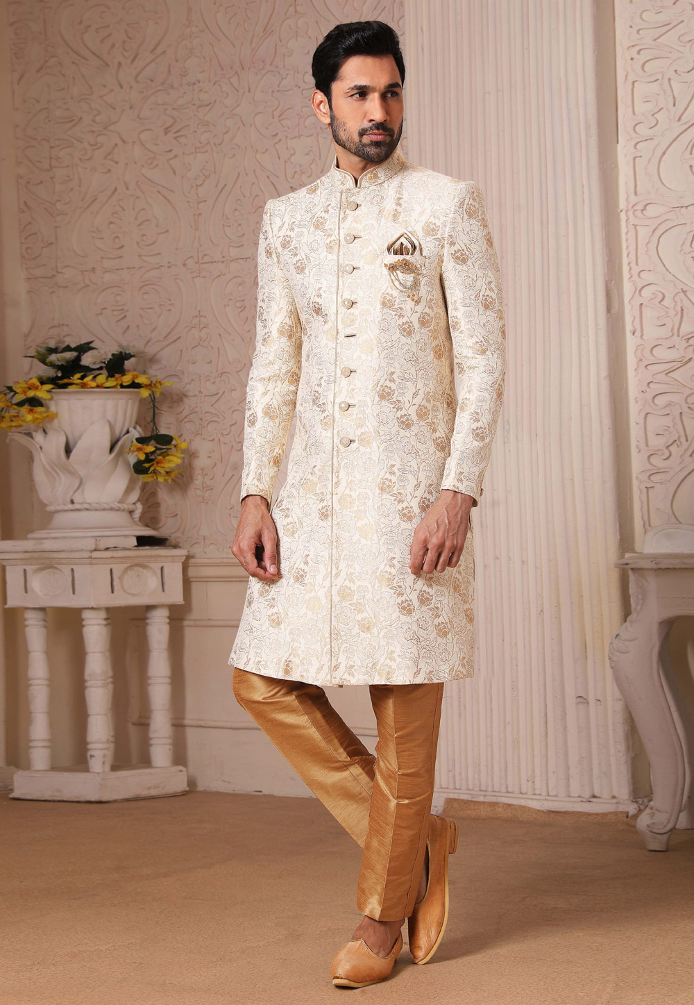 Off White Silk Indo Western Suit 235107